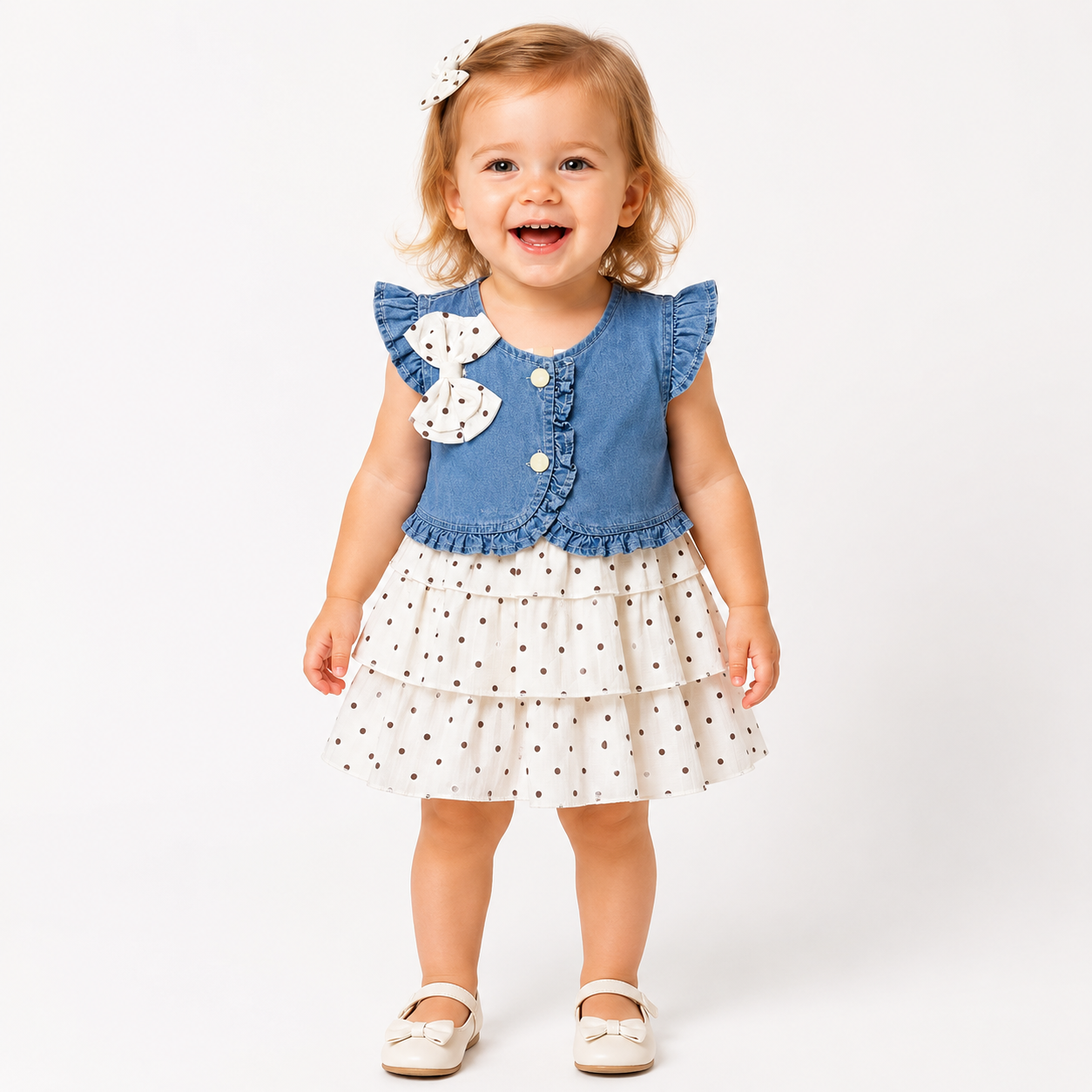 Baby Girl Denim Bow Polka Dot Frock