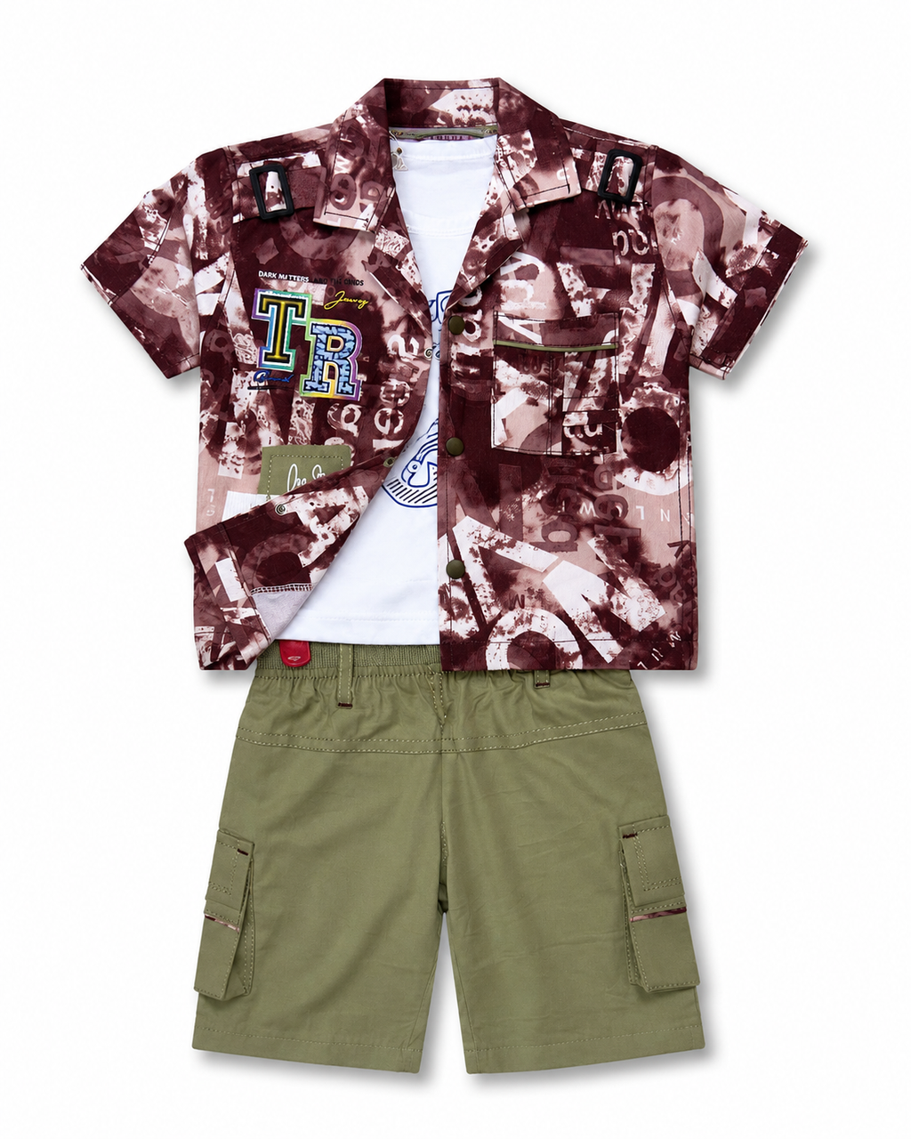 Kids Maroon Printed Shirt & Cargo Shorts Set