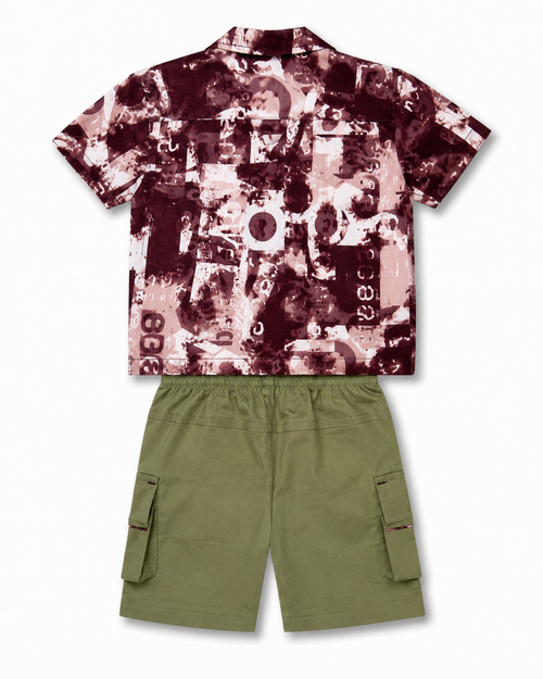 Kids Maroon Printed Shirt & Cargo Shorts Set